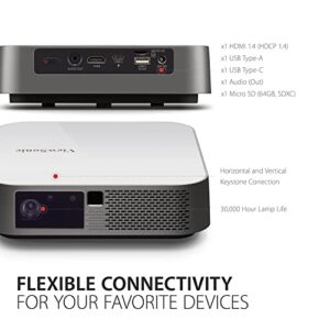 ViewSonic M2e 1080p Portable Projector with 1000 LED Lumens, H/V Keystone, Auto Focus, Harman Kardon Bluetooth Speakers, HDMI, USB C, 16GB Storage, Stream Netflix with Dongle