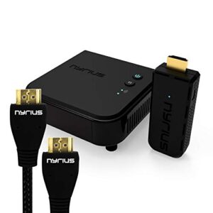 nyrius aries pro wireless hdmi transmitter & receiver to stream hd 1080p 3d video from laptop, pc, cable, netflix, youtube, ps4, drones, pro camera, to hdtv/projector & bonus hdmi cable
