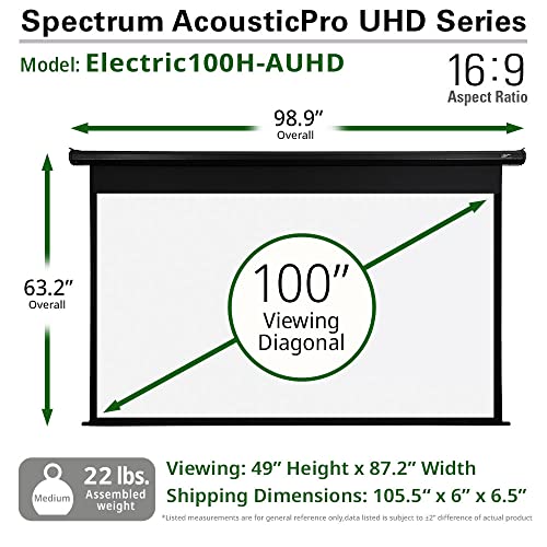 Elite Screens Spectrum AcousticPro UHD 100-inch Motorized Projector Screen Electric Projection screen 16:9 4K Moiré-Free Sound Transparent Perforated Weave Drop Down for Home Theaters Offices