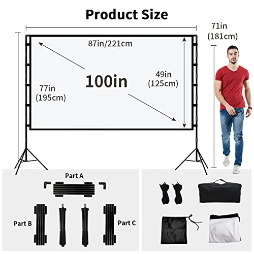 Projector Screen with Stand,Towond 100 inch Portable Projection Screen, Indoor Outdoor Screen 16:9 4K HD Rear Front Movie Screen with Carry Bag Wrinkle-Free Design for Home Theater Backyard Cinema