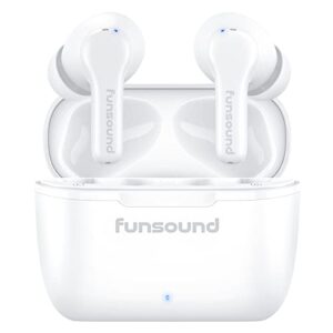 true wireless earbuds noise cancelling funsound bluetooth 5.3 headphones with 4 mics, 60hrs playtime ipx7 waterproof bluetooth earbuds stereo in ear headphones for sports running workout gaming, white