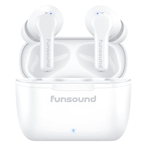 True Wireless Earbuds Noise Cancelling FUNSOUND Bluetooth 5.3 Headphones with 4 Mics, 60Hrs Playtime IPX7 Waterproof Bluetooth Earbuds Stereo in Ear Headphones for Sports Running Workout Gaming, White