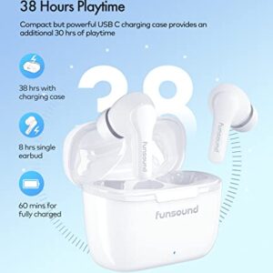 True Wireless Earbuds Noise Cancelling FUNSOUND Bluetooth 5.3 Headphones with 4 Mics, 60Hrs Playtime IPX7 Waterproof Bluetooth Earbuds Stereo in Ear Headphones for Sports Running Workout Gaming, White