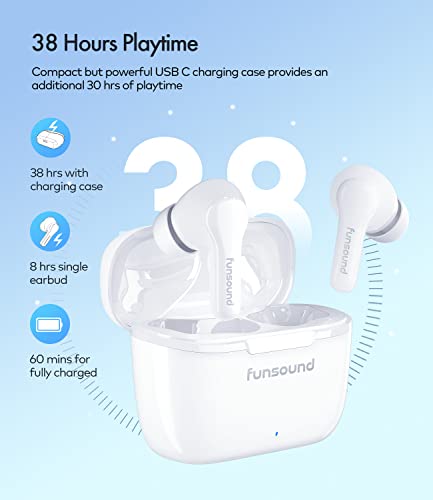 True Wireless Earbuds Noise Cancelling FUNSOUND Bluetooth 5.3 Headphones with 4 Mics, 60Hrs Playtime IPX7 Waterproof Bluetooth Earbuds Stereo in Ear Headphones for Sports Running Workout Gaming, White