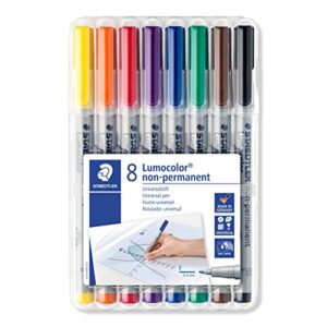 staedtler lumograph non-permanent wet erase marker pens, fine tip refillable colored markers, 8 pack, 315 wp8