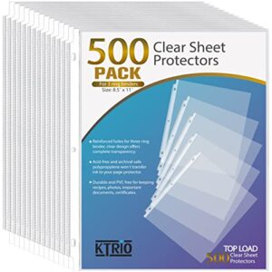 ktrio 500 pack heavy duty sheet protectors 8.5 x 11 inch, clear page protectors for 3 ring binder, heavy weight plastic sleeves for binders, top loading paper protector letter size