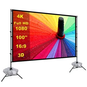 projector screen with stand 100 inch, sedpell 16:9 4k hd indoor outdoor movie screen with water bag, rear&front projection, portable projector screen and stand package for home backyard travel theater