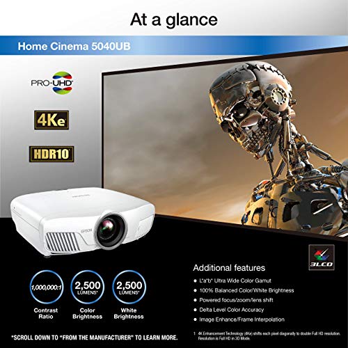 Epson Home Cinema 5040UB 3LCD Home Theater Projector with 4K Enhancement, HDR10, 100% Balanced Color and White Brightness, Ultra Wide DCI-P3 Color Gamut and UltraBlack Contrast (Renewed)