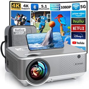 giaomar projector, 5g wifi projector 12000l native 1080p full hd projector 4k supported, 300″ movie projector with sync screen&zoom function, support ios/android win/pc/dvd/tv with portable bag