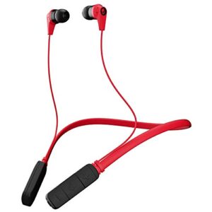 skullcandy ink’d bluetooth wireless earbuds with microphone, noise isolating supreme sound, 8-hour rechargeable battery, lightweight with flexible collar, red/black