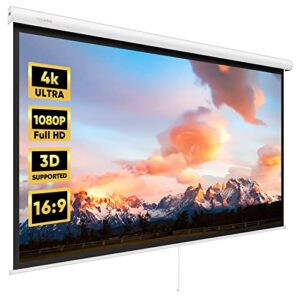 100” hd photon projector screen 16:9 – auto-locking projection screen for 4k 3d 1080p hd, rock4d manual projector screen pull down for home cinema theater office education outdoor indoor movies