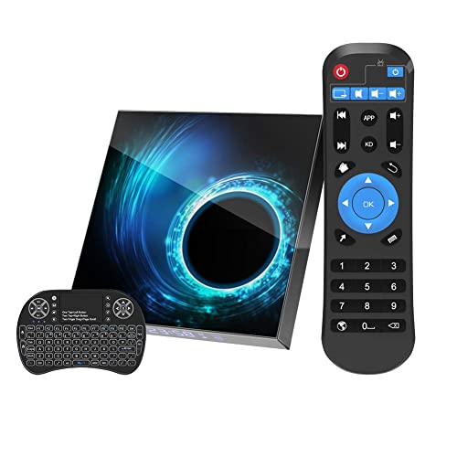 Android 10.0 TV Box 4GB / 32GB, Dual WiFi 2.4GHz/5GHz Bluetooth 5.0 6K Ultra HD/ 3D/ H.265 Ethernet with Mini Wireless Backlit Keyboard