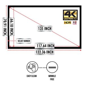 Delux Screens (US Based Business) 135 inch 4K/8K Ultra HDR Projector Screen - Active 3D Ready - 6 Piece Fixed Frame - Home Theater Movie Projection Screen - PVC Matte White - Velvet Border 135" 16:9