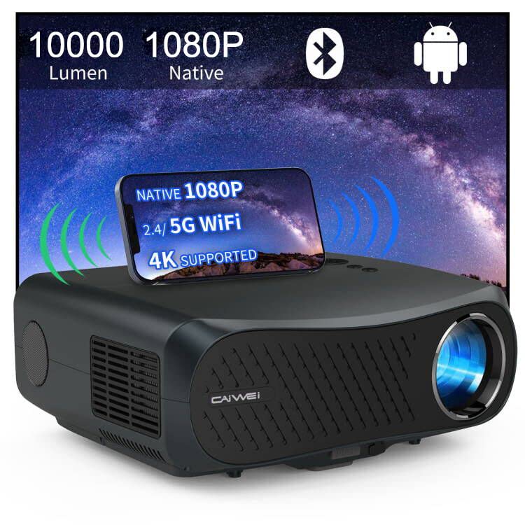 2.4/5G WiFi Bluetooth Projector, Native 1080P 200" Outdoor Movie Projector, 10000L Smart Home Theater Projector 4K Video Games with Android OS/Wireless Mirroring/HDMI/USB for Phone DVD TV Stick Laptop