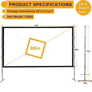 LATIPOPO Projector Movie Screen with Stand 88inch Projection Video Screen Indoor Outdoor Portable Movie Theater with Carrying Bag