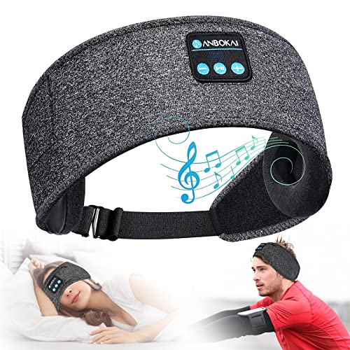 Sleep Headphones Wireless, ANBOKAI Bluetoth Headset Sports Headband Mask with Memory Foam Ear or Eye Cups, Adjustable Strap, 10H Playtime, Built-in Mic, Clear Calls Earphones for Side Sleeping Workout