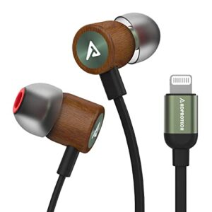 lightning headphones adprotech wired earbuds wood mfi certified earphones in-ear magnetic headset with microphone and volume controller compatible iphone 14 13 12 11 pro max iphone x xs max dark green