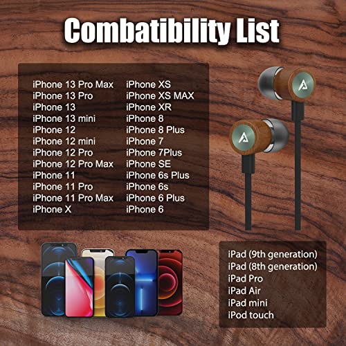 Lightning Headphones ADPROTECH Wired Earbuds Wood MFi Certified Earphones in-Ear Magnetic Headset with Microphone and Volume Controller Compatible iPhone 14 13 12 11 Pro Max iPhone X XS Max Dark Green