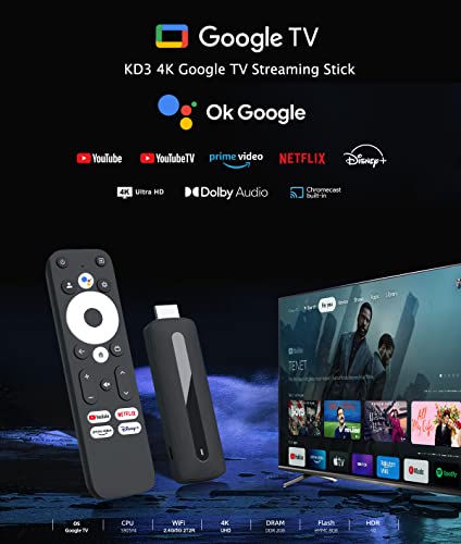 KD3 Google TV OS Android 11.0 Netflix 4K Video YouTube Streaming TV Stick AV1 Supported 2GB RAM 8GB ROM Google Assistant Free OTG Cable