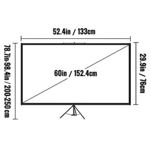 VEVOR Tripod Projector Screen with Stand 60 inch 16:9 4K HD Projection Screen Stand Wrinkle-Free Height Adjustable Portable Screen for Projector Indoor & Outdoor for Movie, Home Cinema, Gaming, Office