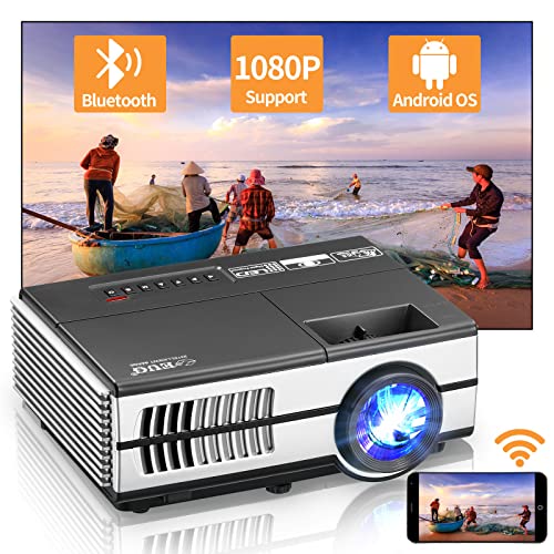 Portable Outdoor Movie Projector Full HD 1080P Supported, Mini WiFi Projector with Bluetooth, Wireless Home Theater Projector with Airplay Mirroring/Smart Android OS/HDMI/USB for Phone Laptop TV Stick