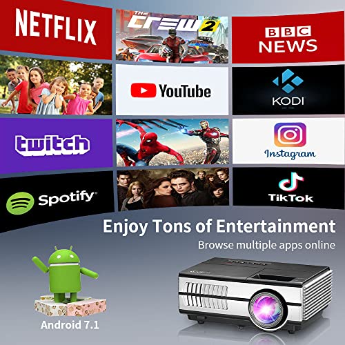 Portable Outdoor Movie Projector Full HD 1080P Supported, Mini WiFi Projector with Bluetooth, Wireless Home Theater Projector with Airplay Mirroring/Smart Android OS/HDMI/USB for Phone Laptop TV Stick