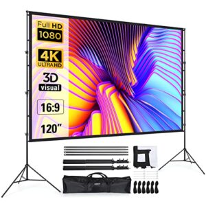 projector screen and stand, leorfi outdoor indoor 120 inch projector screen with stand, portable movie projection screen pull down 16:9 4k full hd support height adjustable for home theater camping