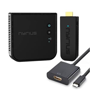 nyrius aries pro+ wireless hdmi video transmitter & receiver to stream 1080p video up to 165′ from laptop pc cable box game console dslr camera to a tv projector or screen with usb c to hdmi adapter