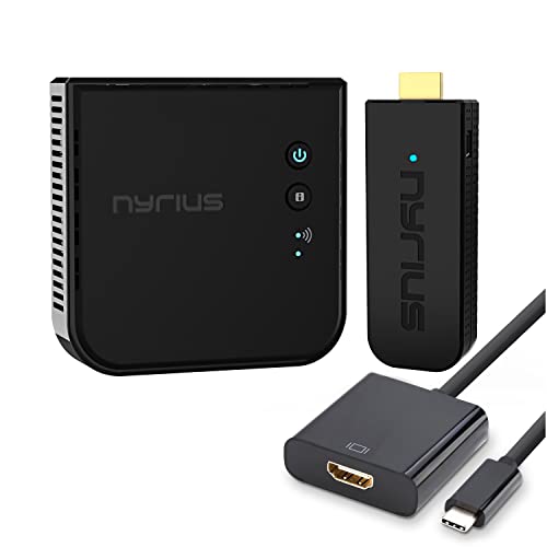 Nyrius Aries Pro+ Wireless HDMI Video Transmitter & Receiver to Stream 1080p Video up to 165' from Laptop PC Cable Box Game Console DSLR Camera to a TV Projector or Screen with USB C to HDMI Adapter