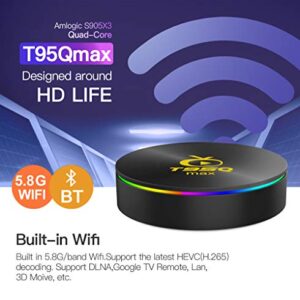 Android 9.0 TV Box T95Q Amlogic S905X3 with 4GB Ram 64GB Rom 4K Ultra HD H.265 Dual Band WiFi Bluetooth 4.0 Media Box 2.4/5Ghz WiFi 100M Lan