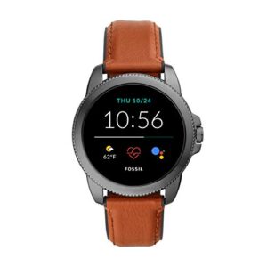 fossil 44mm gen 5e stainless steel and leather touchscreen smart watch, color: smoke, brown (model: ftw4055v)