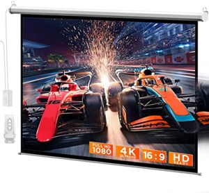 motorized projector screen 100 inch – electric projector screen motorized indoor and outdoor movies screen pull down, 16:9 4k 3d hd compatible, wall/ceiling mount, ultra-quiet, w/remote control