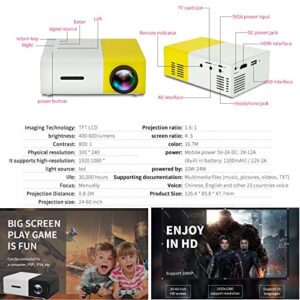 LED Home HD Mini Portable Micro Projector Projector, Mini Projector, New YG300 Portable Projector Full HD1080P Multi Interface Home Entertainment TV Movie Projector with HDMI/USB Kids Gifts (Yellow)