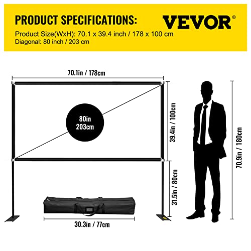 VEVOR Outdoor Movie Screen w/ Stand 80" Portable Movie Screen 16:9 HD Wide Angle Outdoor Projector Screen Easy Assembly Portable Projector Screen w/ Storage Bag Projector Screen Stand for Outdoor Use