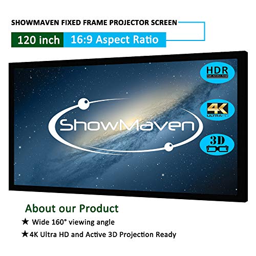 ShowMaven 100in /120in Fixed Frame Projector Screen, Diagonal 16:9, Active 3D 4K Ultra HD Projector Screen for Home Theater or Office (120inch)