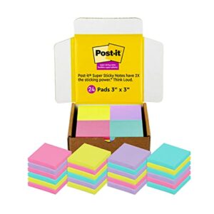 post-it super sticky notes, 3×3 in, 24 pads/pack, 70 sheets/pad, amazon exclusive bright color collection, aqua splash, acid lime, tropical pink and iris infusion