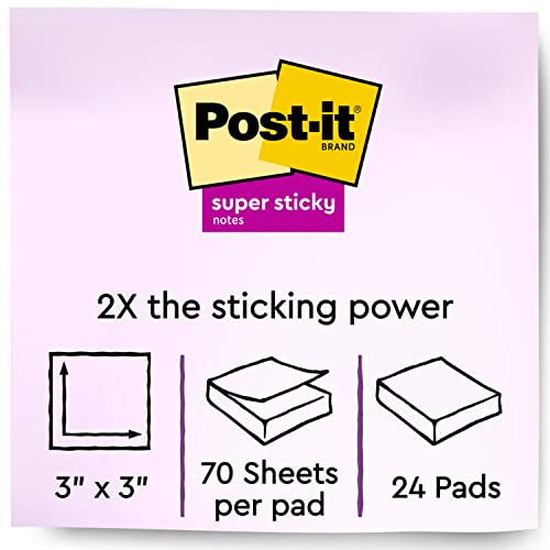 Post-it Super Sticky Notes, 3x3 in, 24 Pads/Pack, 70 Sheets/Pad, Amazon Exclusive Bright Color Collection, Aqua Splash, Acid Lime, Tropical Pink and Iris Infusion