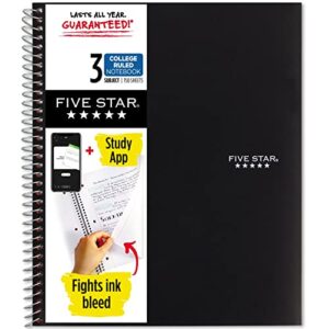 five star spiral notebook + study app, 3 subject, college ruled paper, 150 sheets, 11″ x 8-1/2, black, 1 count (72069)