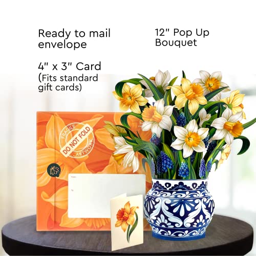 Freshcut Paper Pop Up Cards, English Daffodils, 12 inch Life Sized Forever Flower Bouquet 3D Popup Greeting Cards with Note Card and Envelope