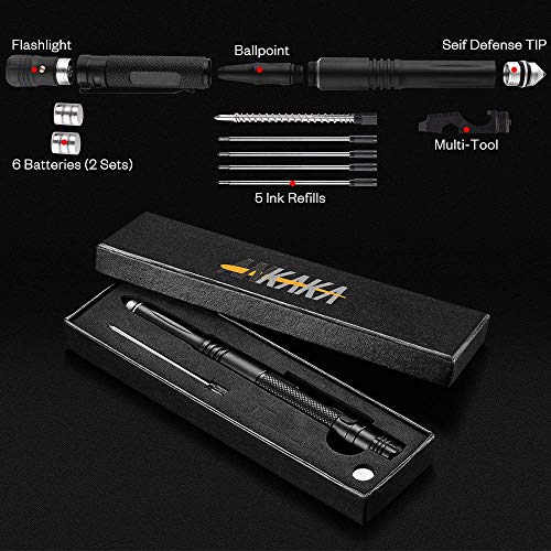 The Most Loaded 6-in-1 Tactical Pen: Solves Other Brands' Weaknesses,Self Defense Tip + Flashlight + Ballpoint + Bottle Opener + Screw Driver + Hexagonal Wrench, 5 Ink Refills + 6 Batteries + Gift Box