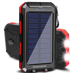 durecopow solar charger, 20000mah portable outdoor waterproof solar power bank, camping external backup battery pack dual 5v usb ports output, 2 led light flashlight with compass (red)