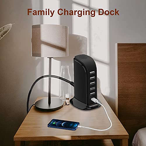 Charger Block 6 in 1 Upoy, 40W USB C Charger 3A, Charging Hub with 5 USB Ports(Shared 6A) for Multiple Electronics, USB Charging Station Multiports, Universal Desktop Phone Charger Travel Ready, Black