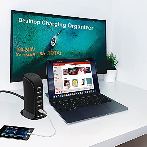 Charger Block 6 in 1 Upoy, 40W USB C Charger 3A, Charging Hub with 5 USB Ports(Shared 6A) for Multiple Electronics, USB Charging Station Multiports, Universal Desktop Phone Charger Travel Ready, Black