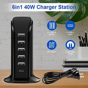 Charger Block 6 in 1 Upoy, 40W USB C Charger 3A, Charging Hub with 5 USB Ports(Shared 6A) for Multiple Electronics, USB Charging Station Multiports, Universal Desktop Phone Charger Travel Ready, Black