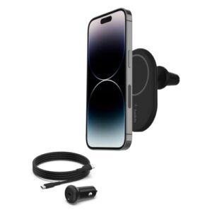 belkin magnetic wireless car charger – magsafe compatible car mount wireless charger – air vent mount with included power supply for iphone 14, iphone 13 & iphone 12 – car magnetic phone mount charger