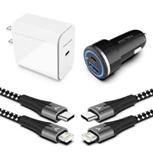 iphone 13 14 12 fast charger kit, velogk 20w usb c pd wall/car charger adapter for iphone 14/13/12/pro/max/mini/11/xs max/xr/x, ipad pro/air, with 2x【apple mfi certified】iphone lightning cables(3.3ft)