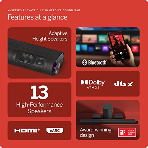 VIZIO M-Series Elevate 5.1.2 Immersive Sound Bar with 13 High-Performance Speakers, Dolby Atmos, DTS:X, Wireless Subwoofer, Adaptive Height Speakers and Alexa Compatibility, M512E-K6, 2023 Model