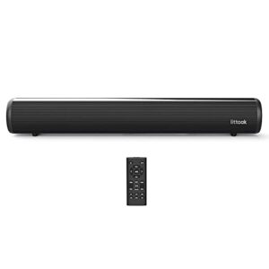 sound bar for tv with hdmi, littoak bluetooth small tv soundbar speaker, optical/hdmi/aux/coax/usb/bluetooth connection for tv, pc, projectors, includes remote control, bass adjustable, 16 inch