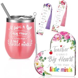 Meanplan 4 Pcs Teacher Christmas Appreciation Gifts for Women, 12 oz Teacher Tumbler, 2 Bookmark and Acrylic Heart Paperweights Thank You Graduation Keepsakes for Teacher's Day Gifts