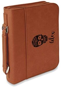 sugar skulls & flowers leatherette bible cover with handle & zipper – small – double sided (personalized)